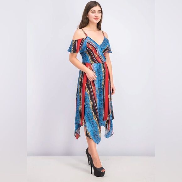 INC Snake Chain Belt Print Off Shoulder Midi Dress Fairy Hem Flounce Trim 2 - Picture 10 of 10